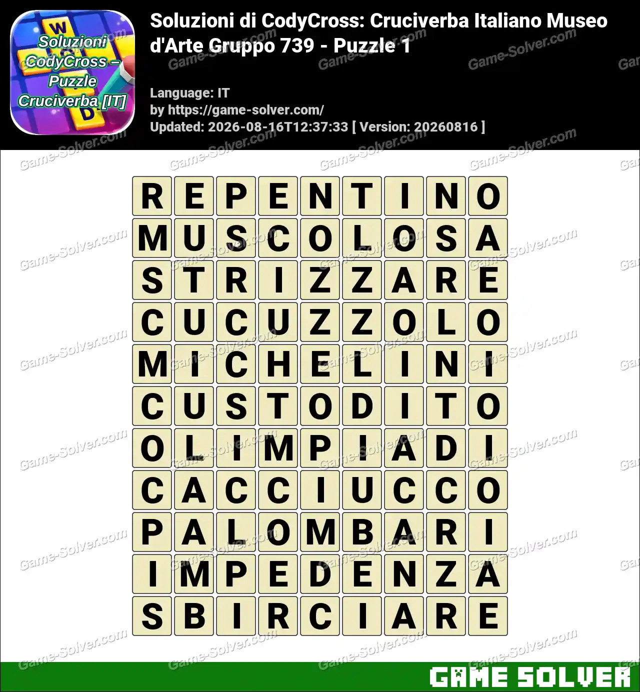 Soluzioni di CodyCross: Cruciverba Italiano Museo d’Arte Gruppo 739 – Puzzle 1